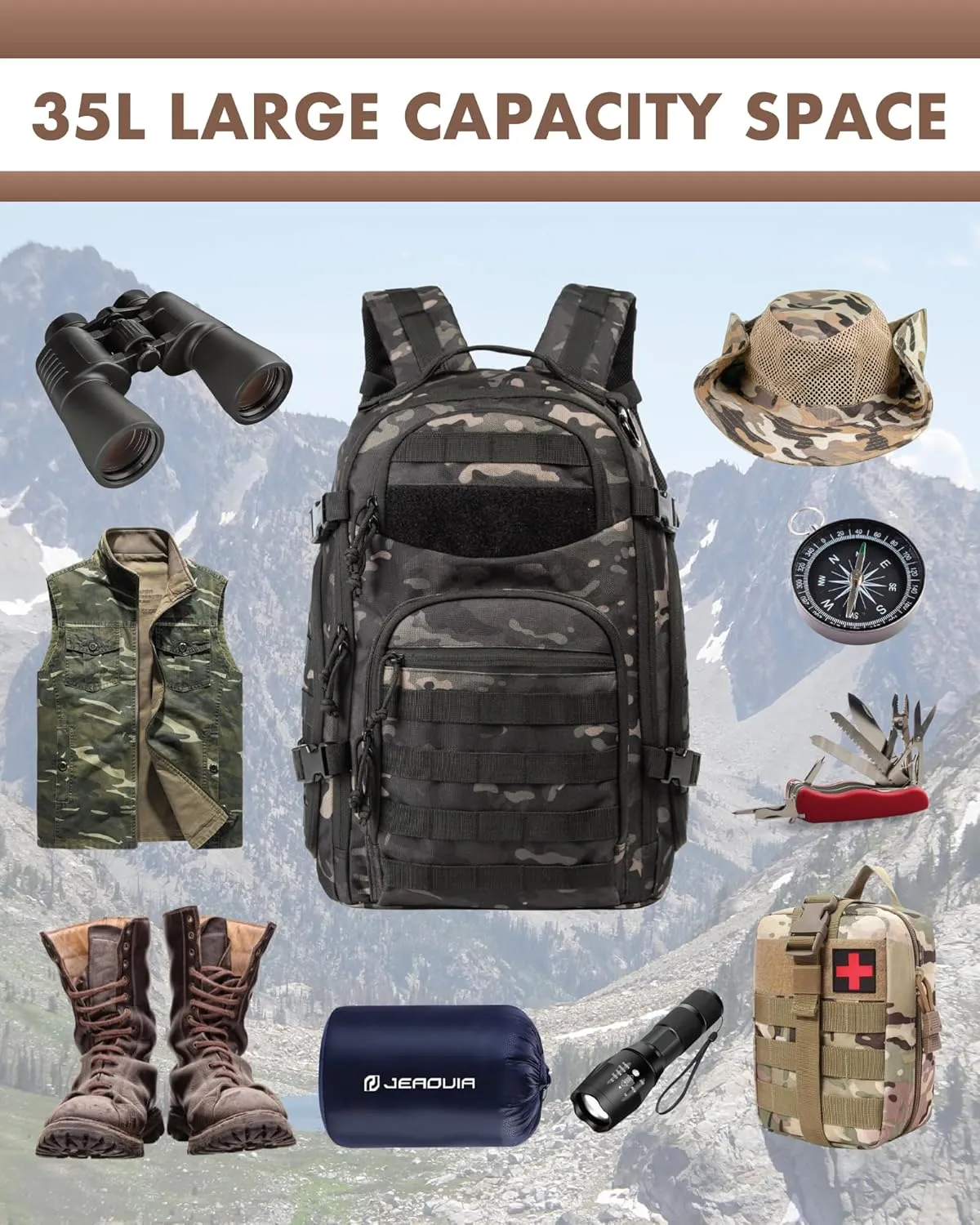 Military Tactical Backpack for Men, 35L Tactical Laptop Backpack, Tactical Bag Bug Out Bag, Army 3 Days Assault Pack - Black&Camo
