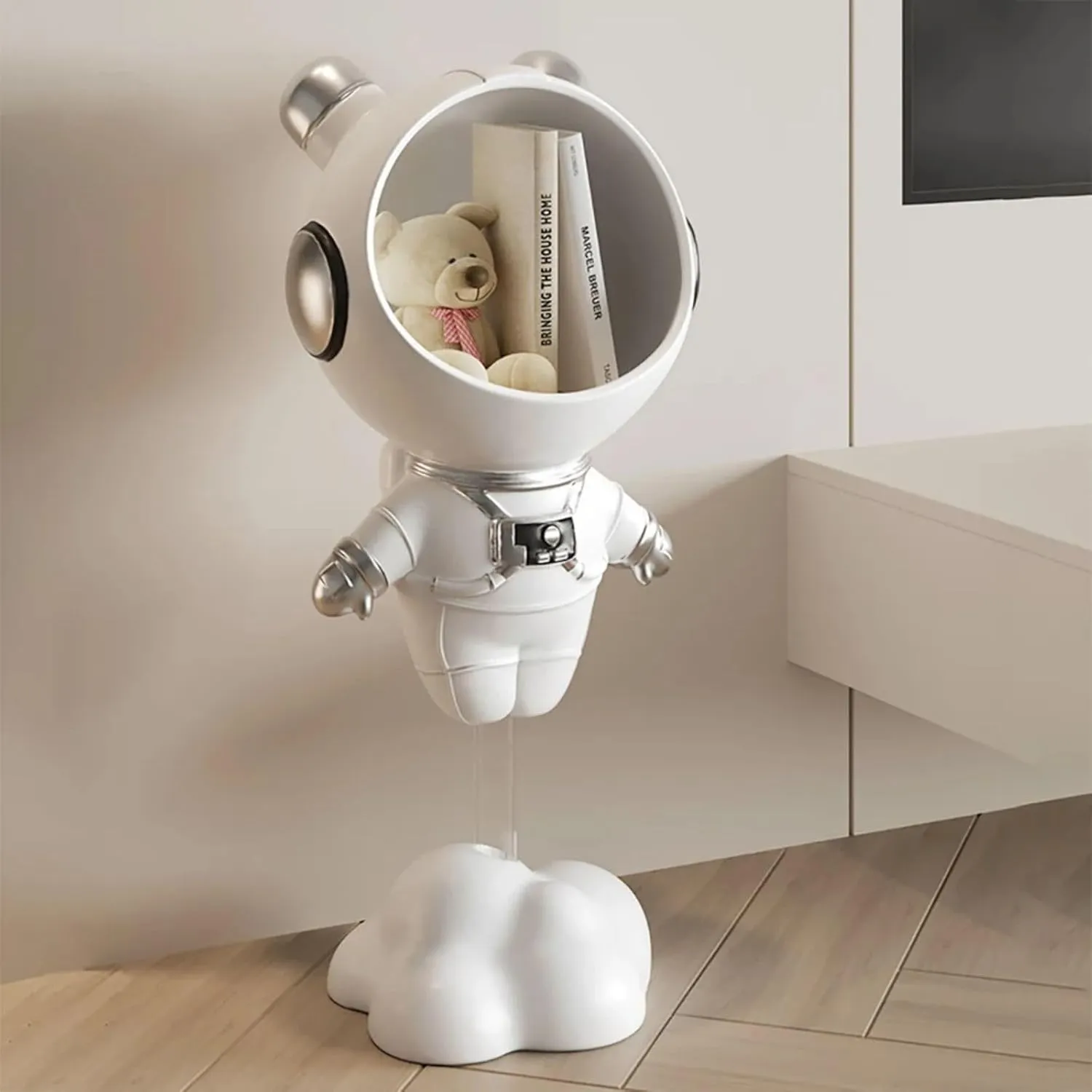 Modern Astronaut Statues White Spaceman Sculpture Floor Figurine Ornament End Side Table with Storage for Home Decoration (White)