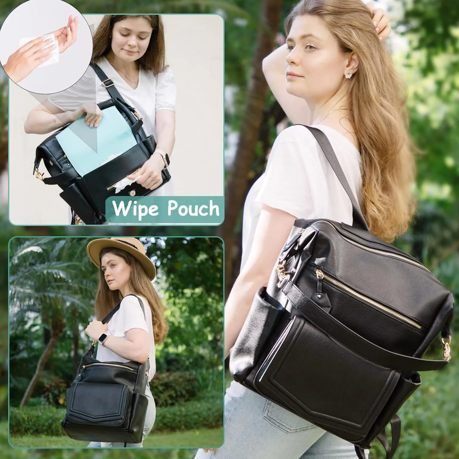 MOMINSIDE Diaper Bag Backpack, Convertible Hobo, Large Baby Bag with 14 Pockets, 6 Bottle Pouches, Wipes Pouch, Insulated Pockets (Black)