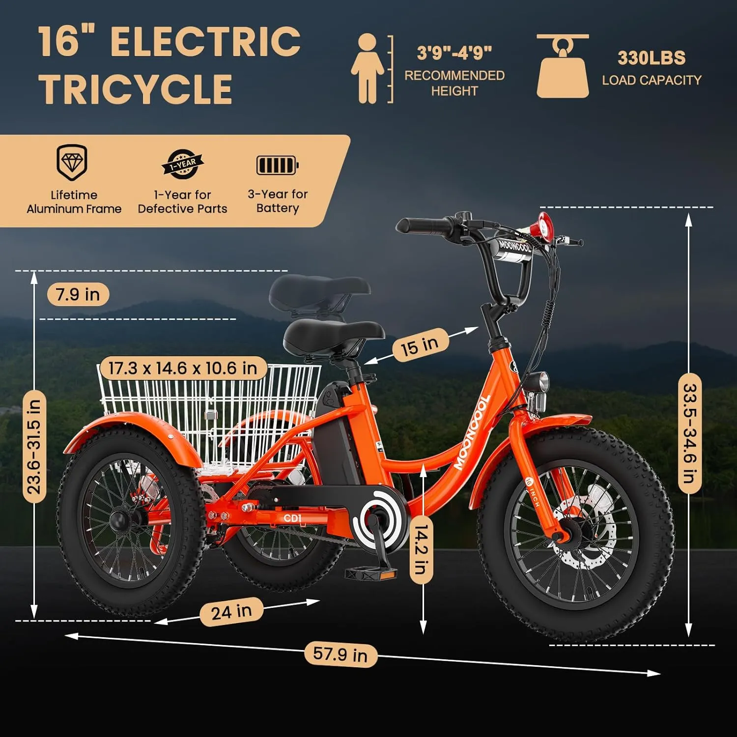 MOONCOOL Electric Kids Tricycle, 16 Inch 3.0 Fat Tire Electric Trike for Boys Girls, 35 Miles Long Range Aluminum Frame 3 Wheels E-Bike with Removable Battery