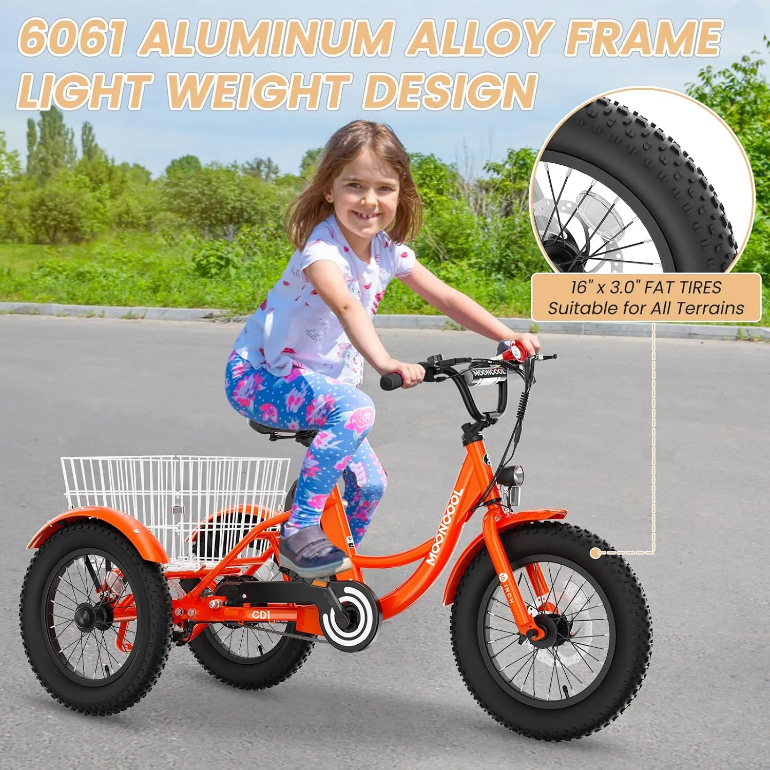MOONCOOL Electric Kids Tricycle, 16 Inch 3.0 Fat Tire Electric Trike for Boys Girls, 35 Miles Long Range Aluminum Frame 3 Wheels E-Bike with Removable Battery