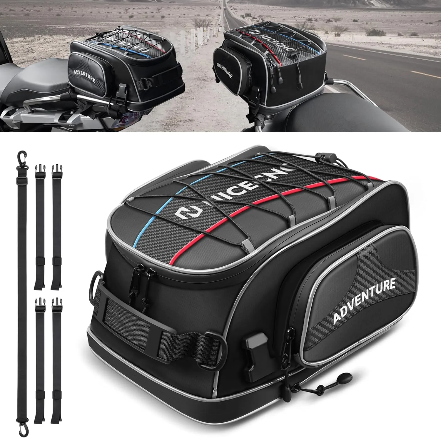Motorcycle Tail Bag 15L Expandable Motorcycle Rear Seat Bag, PVC Anti-abrasive Bottom, Universal Helmet bag Rear Luggage Rack Bag Storage Bag with Shoulder Strap for Riding Camping Walking