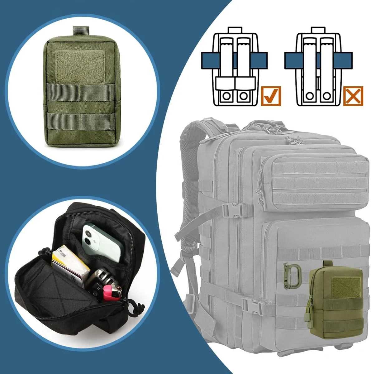 MUCHER 2 Pack Molle Pouches Tactical Pouches EDC Pouch Organizer Molle Bag Utility Pouch with 4 Carabiners for Outdoor Hiking Hunting Camping Training