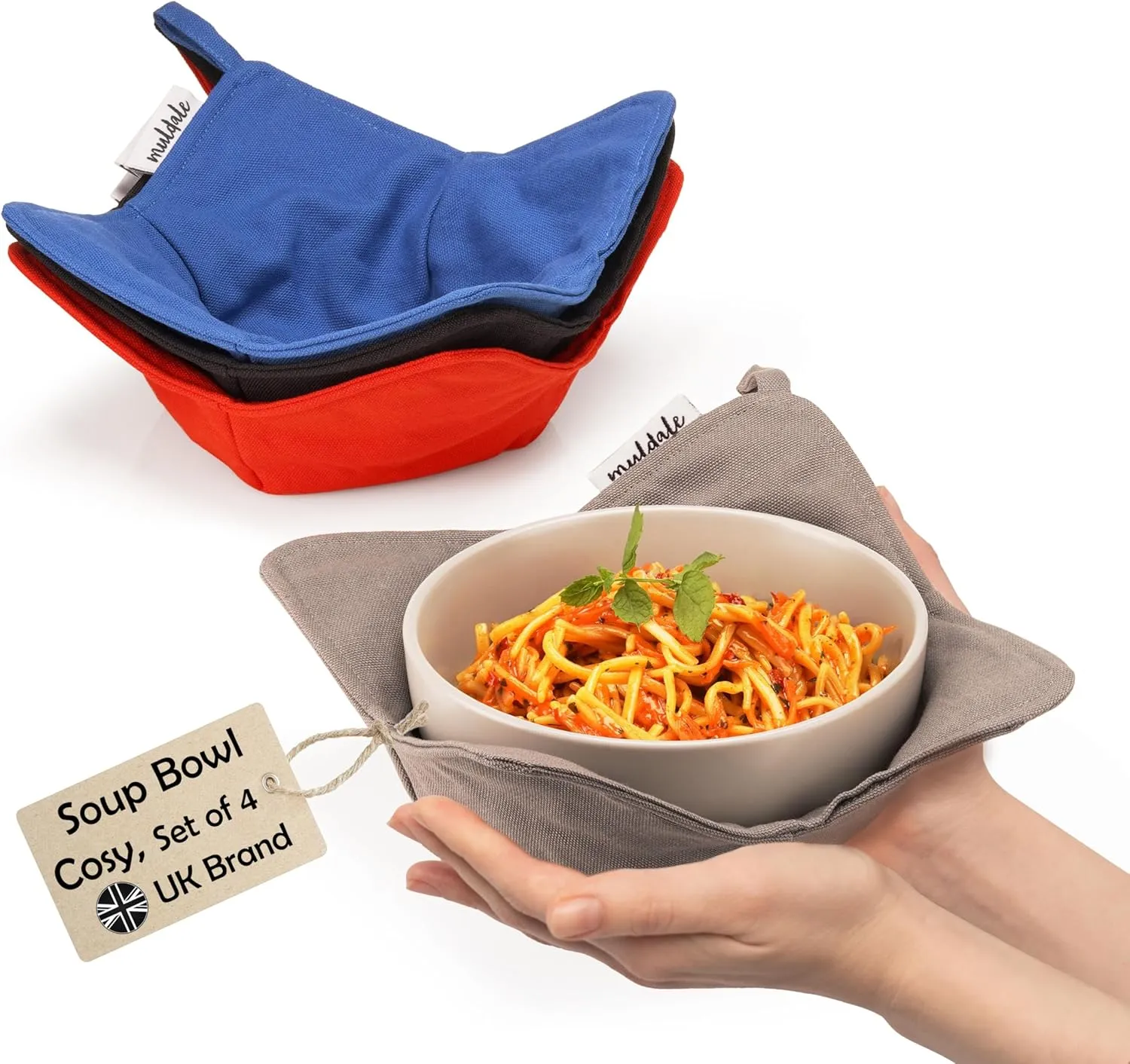 Muldale Soup Bowl Holders for Hot Food - Microwave Bowl Cozy Holders - Set of 4 Machine Washable - Dish Hot Pads Heat Resistant - UK Brand
