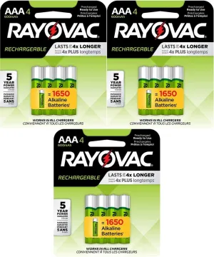 My Battery Supplier Rayovac Rechargeable 600mAh NiMH AAA Batteries 12 (3x4) Pack with Battery Storage Container