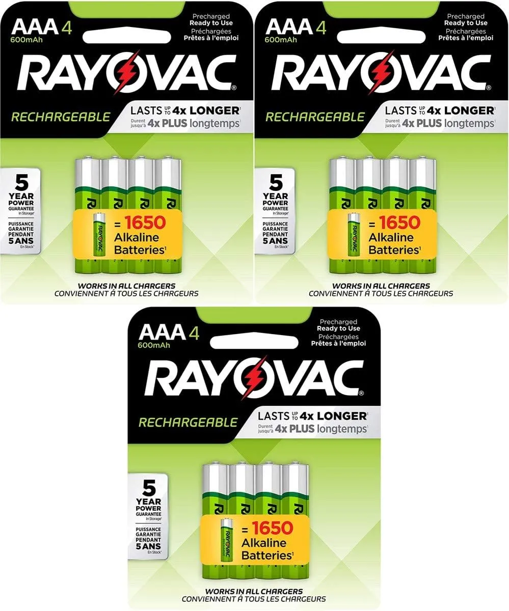 My Battery Supplier Rayovac Rechargeable 600mAh NiMH AAA Batteries 12 (3x4) Pack with Battery Storage Container