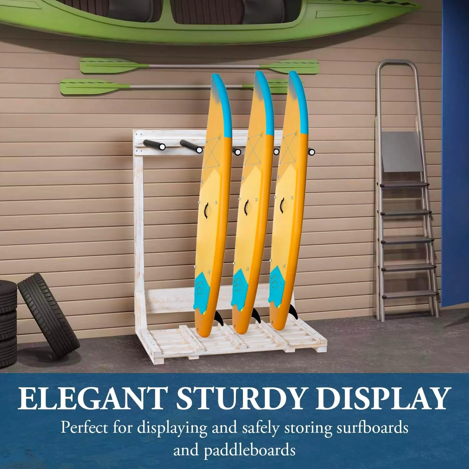 MyGift 4-Ft Tall Rustic Burnt Wood Freestanding Vertical Surfboard Rack, Wakeboard SUP Paddleboard Storage Rack - Holds up to 4 Boards