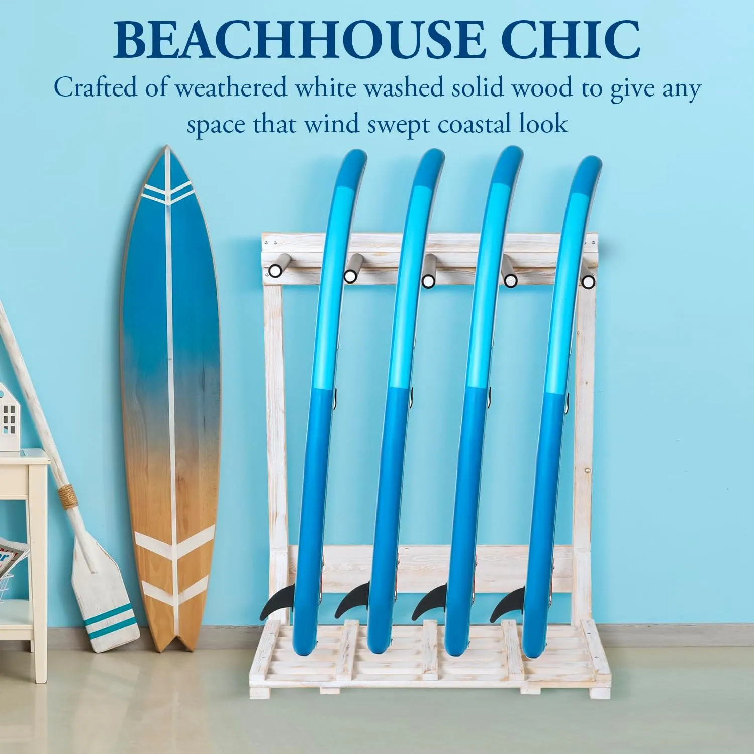 MyGift 4-Ft Tall Rustic Burnt Wood Freestanding Vertical Surfboard Rack, Wakeboard SUP Paddleboard Storage Rack - Holds up to 4 Boards