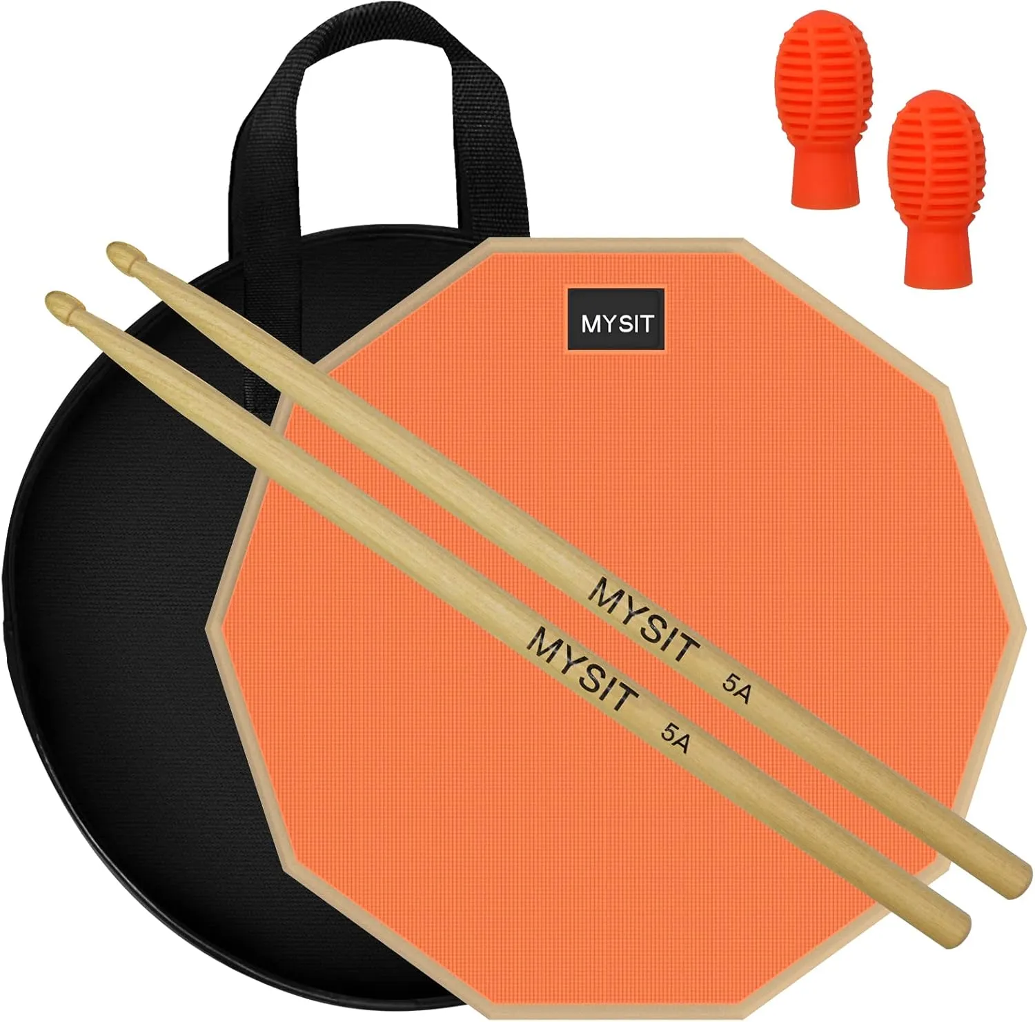 MySit 12-Inch Drum Practice Pad and Sticks Set With 2pcs Silicone Drumstick Mute Tips, Double Sided Silent Snare Drum Pads With 5A Drum Sticks & Storage Bag for Real Feel Practice Drumming-Orange