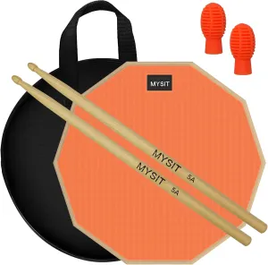 MySit 12-Inch Drum Practice Pad and Sticks Set With 2pcs Silicone Drumstick Mute Tips, Double Sided Silent Snare Drum Pads With 5A Drum Sticks & Storage Bag for Real Feel Practice Drumming-Orange