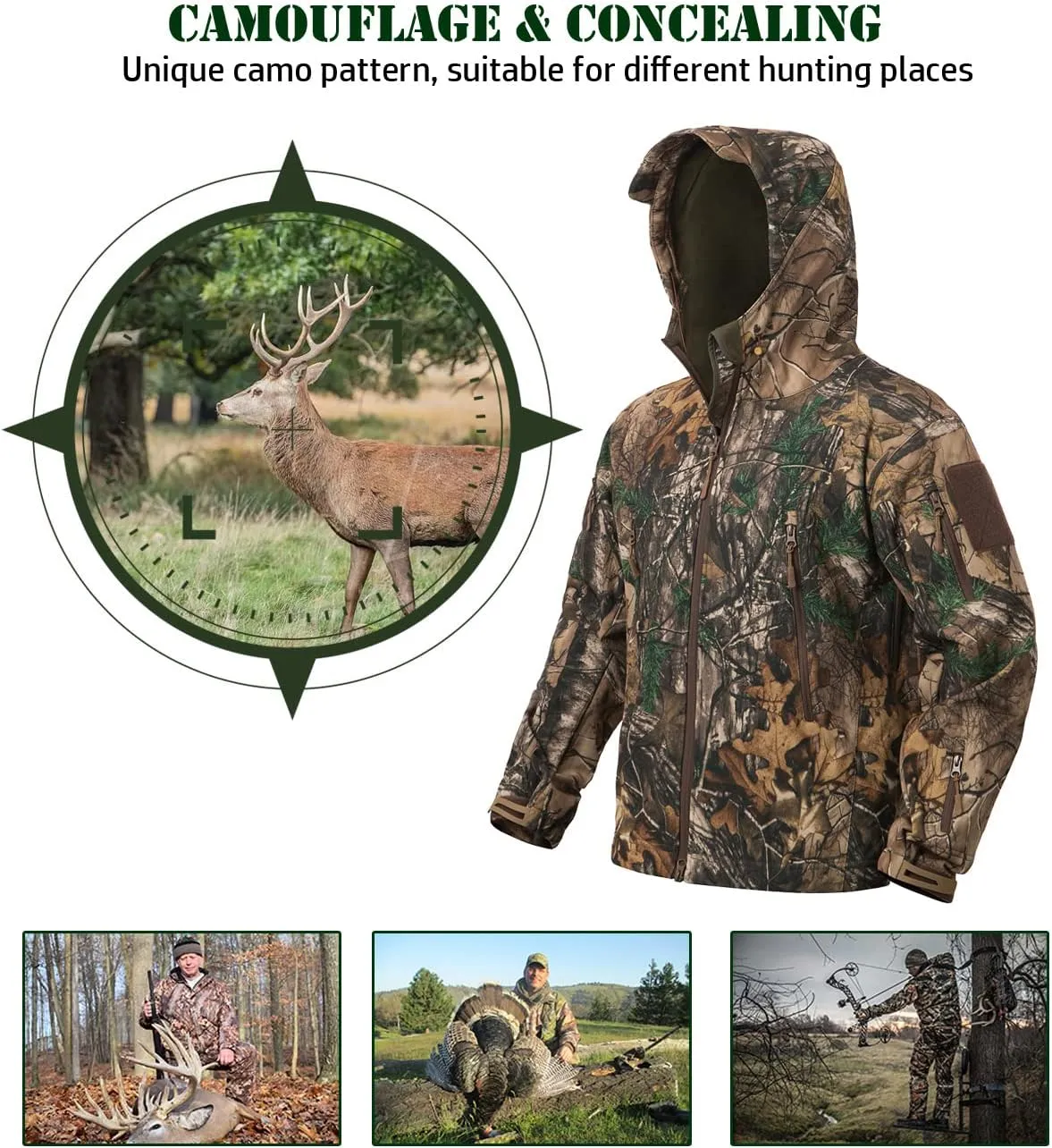 NAVEKULL Silent Hunting Clothes for Men Soft Shell Outdoor Hiking Jacket Camo Water Resistant Fleece Hooded Coat with Pockets