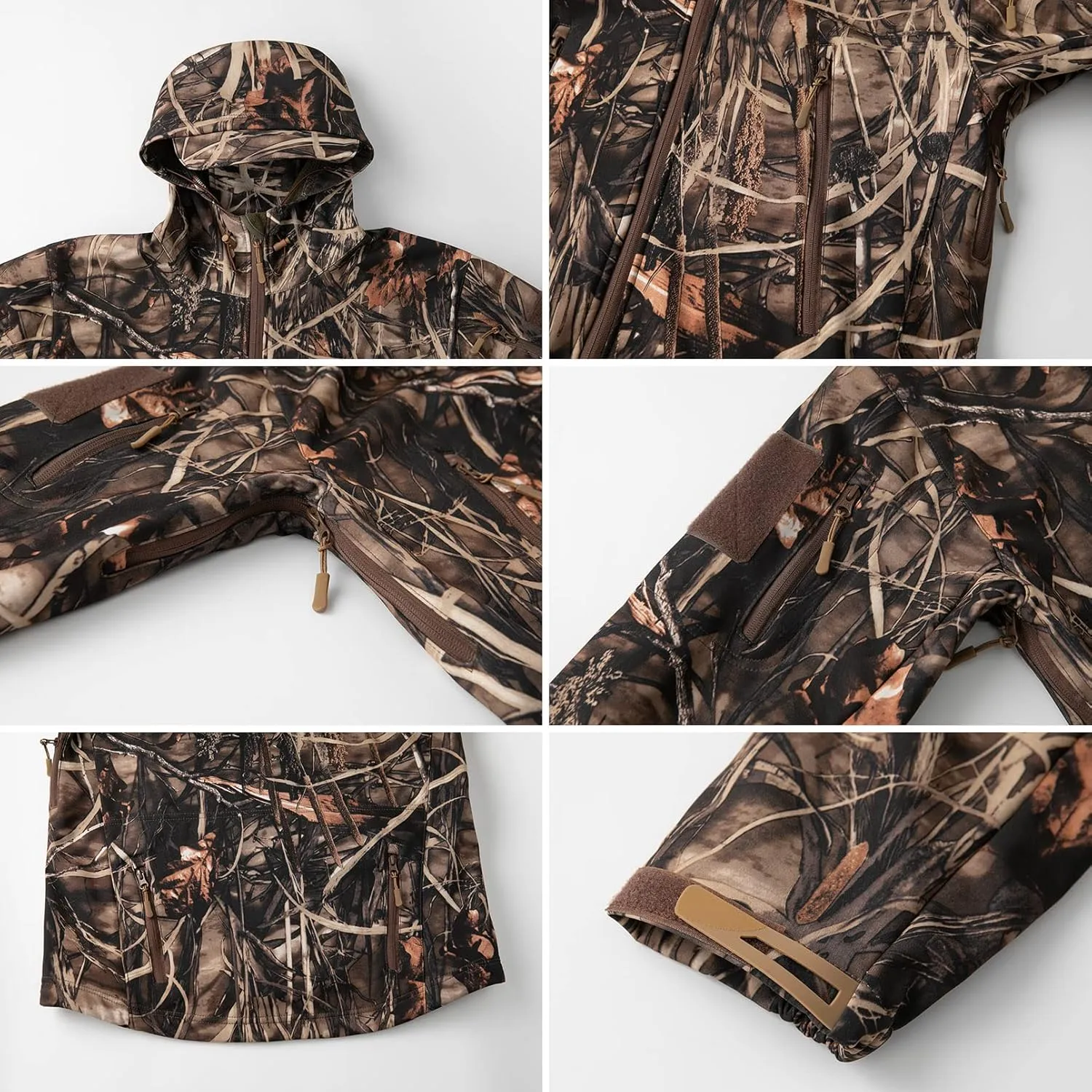 NAVEKULL Silent Hunting Clothes for Men Soft Shell Outdoor Hiking Jacket Camo Water Resistant Fleece Hooded Coat with Pockets