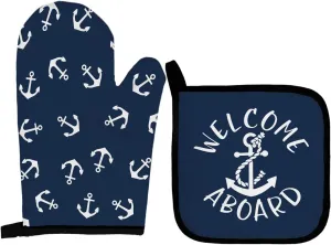 Navy Blue Nautical Anchors Boat Oven Mitts and Pot Holders Sets, Lake Beach House Gifts Oven Mitts, Welcome Aboard Navy Blue Over Mittens for Kitchen Decor, Nautical Over Gloves Gifts