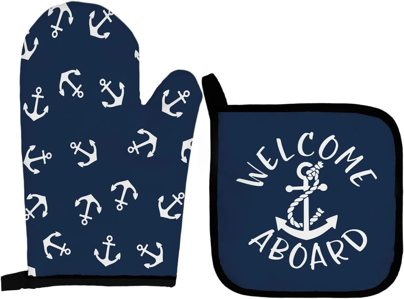Navy Blue Nautical Anchors Boat Oven Mitts and Pot Holders Sets, Lake Beach House Gifts Oven Mitts, Welcome Aboard Navy Blue Over Mittens for Kitchen Decor, Nautical Over Gloves Gifts