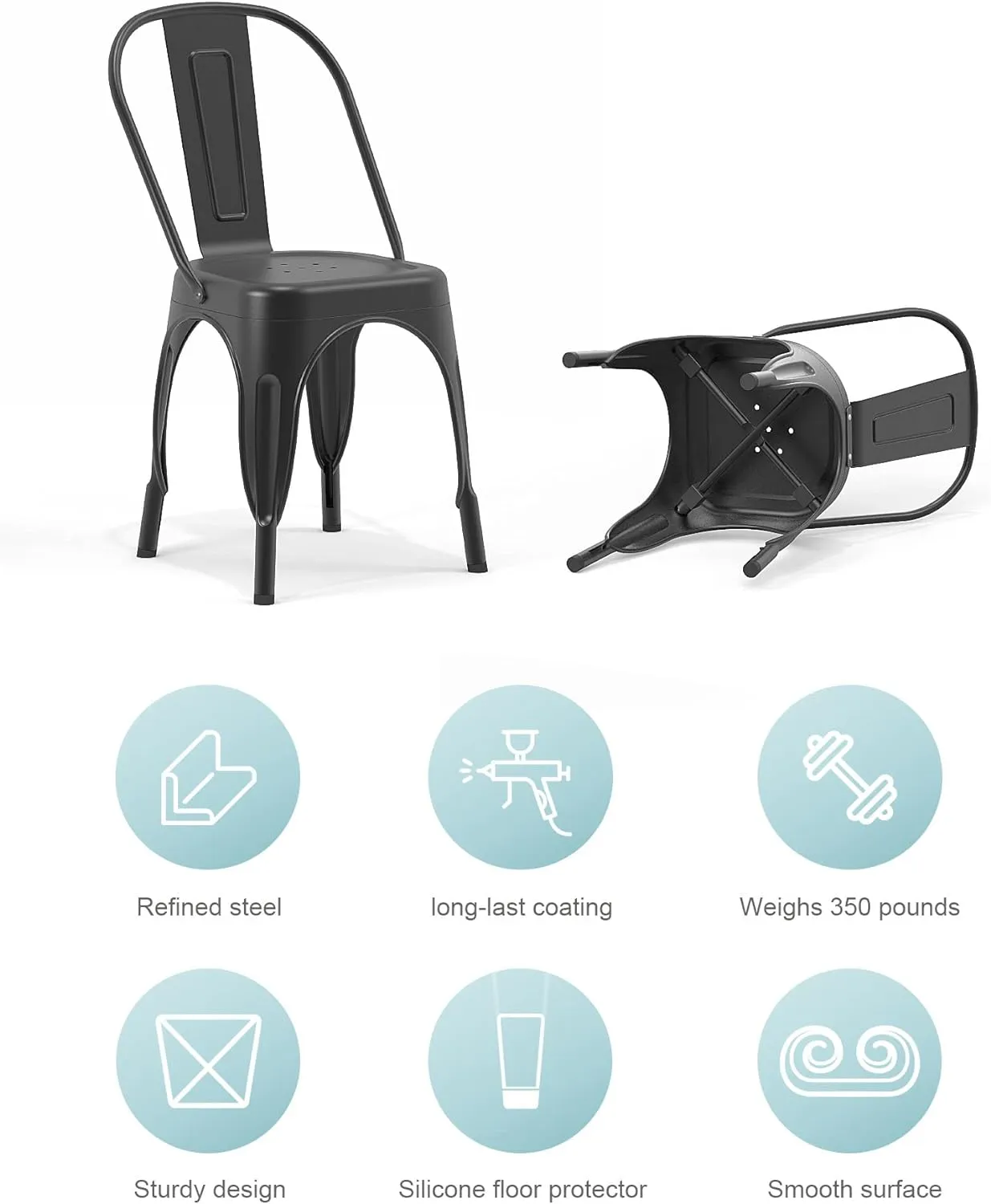 Nazhura Metal Dining Chair Farmhouse Tolix Style for Kitchen Dining Room Café Restaurant Bistro Patio, 18 Inch, Stackable, Waterproof Indoor/Outdoor (Sets of 4) (Black)