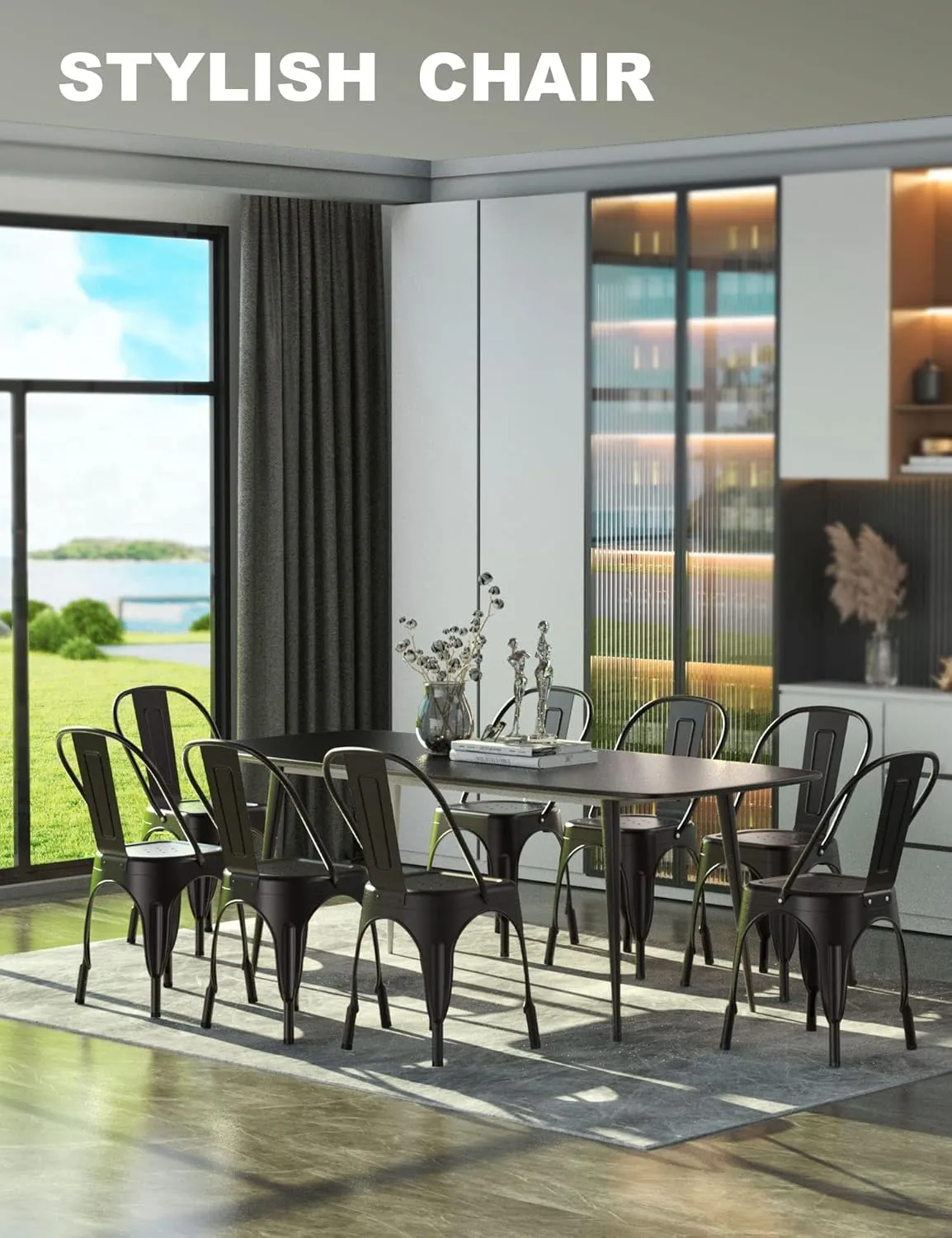 Nazhura Metal Dining Chair Farmhouse Tolix Style for Kitchen Dining Room Café Restaurant Bistro Patio, 18 Inch, Stackable, Waterproof Indoor/Outdoor (Sets of 4) (Black)