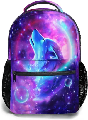 Nerxy Wolf Galaxy Backpack for Girls Boys Animal Bookbag Purple Space Wolf School Travel Laptop Shoulder Bag Large Capacity Casual Daypack Middle High School Bag