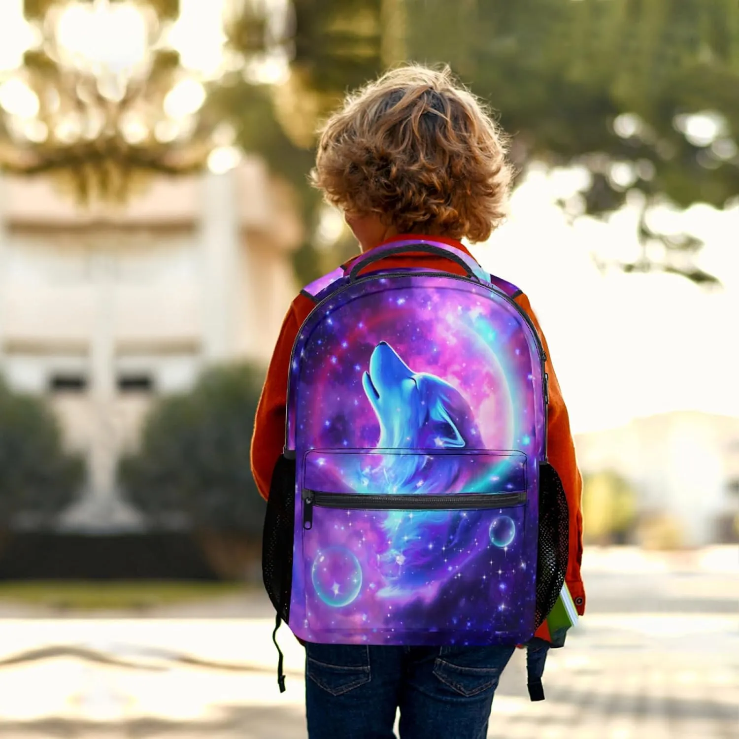 Nerxy Wolf Galaxy Backpack for Girls Boys Animal Bookbag Purple Space Wolf School Travel Laptop Shoulder Bag Large Capacity Casual Daypack Middle High School Bag