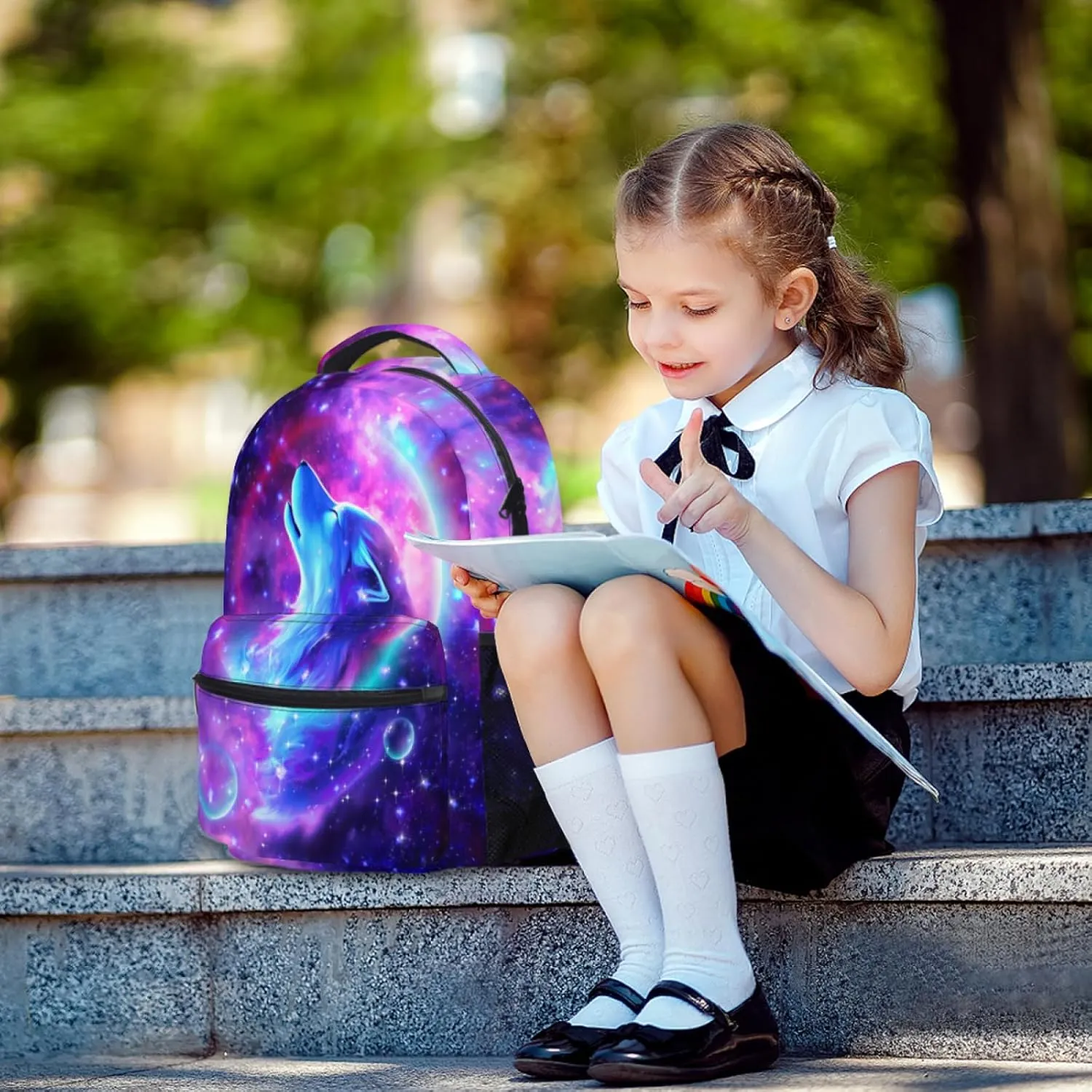 Nerxy Wolf Galaxy Backpack for Girls Boys Animal Bookbag Purple Space Wolf School Travel Laptop Shoulder Bag Large Capacity Casual Daypack Middle High School Bag
