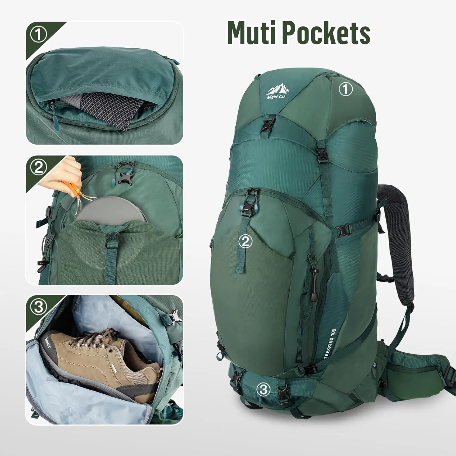 Night Cat Internal-frame Hiking Backpack: 100L Large Camping Backpack for Men Women Traveling Waterproof Rain Cover
