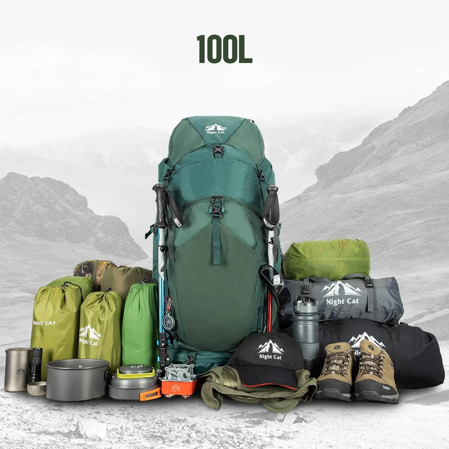 Night Cat Internal-frame Hiking Backpack: 100L Large Camping Backpack for Men Women Traveling Waterproof Rain Cover