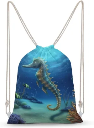 Ocean Seahorse Drawstring Backpack for Women Men Drawstring Bag for Travel Swimming Sports Gym Bag
