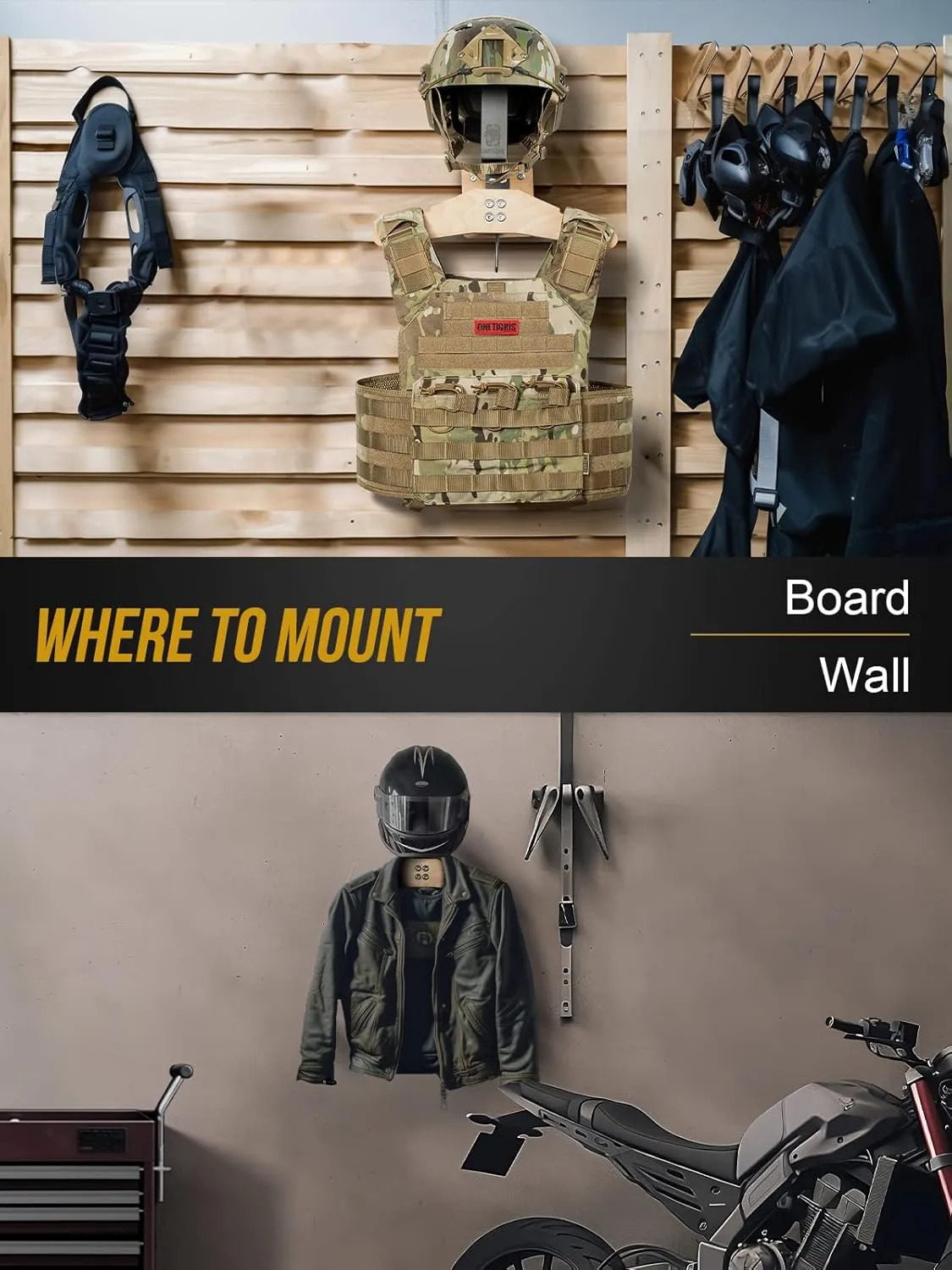 OneTigris Tactical Gear Wall Mount, Motorcycle Helmet Holder Stand Jacket Hanger Plate Carrier Rack Display Organizer for Police Football Cycling Suit