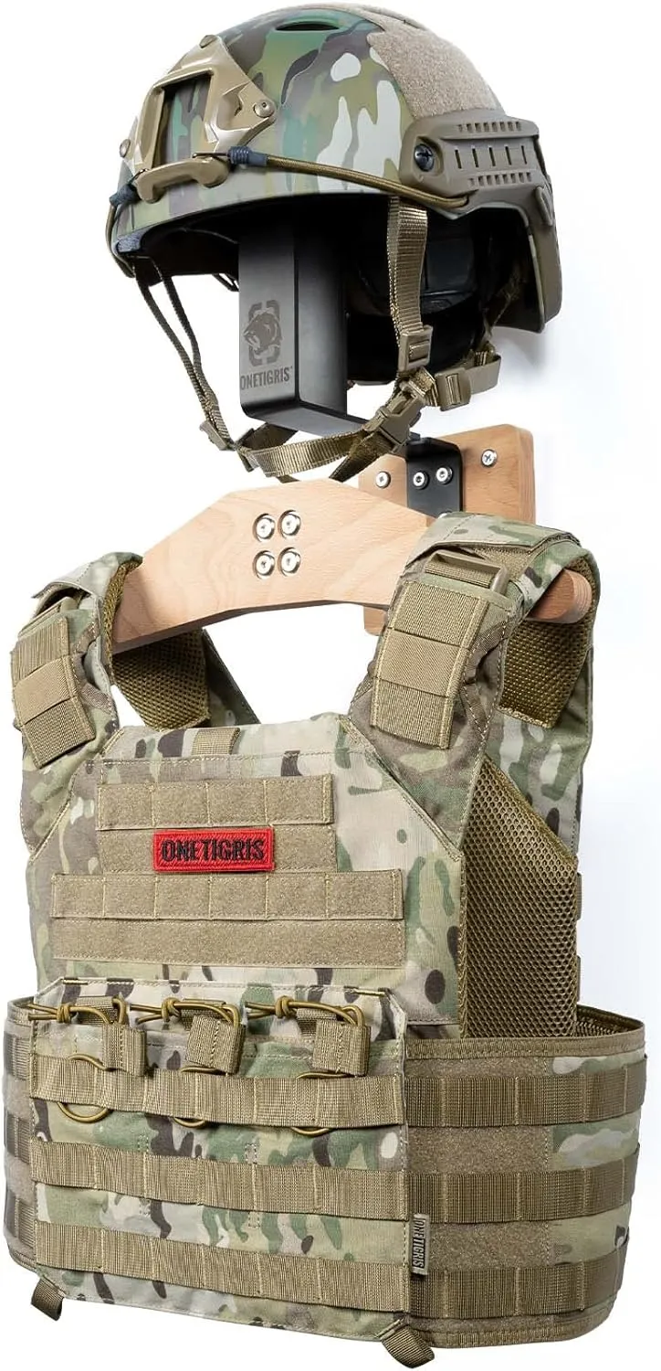 OneTigris Tactical Gear Wall Mount, Motorcycle Helmet Holder Stand Jacket Hanger Plate Carrier Rack Display Organizer for Police Football Cycling Suit