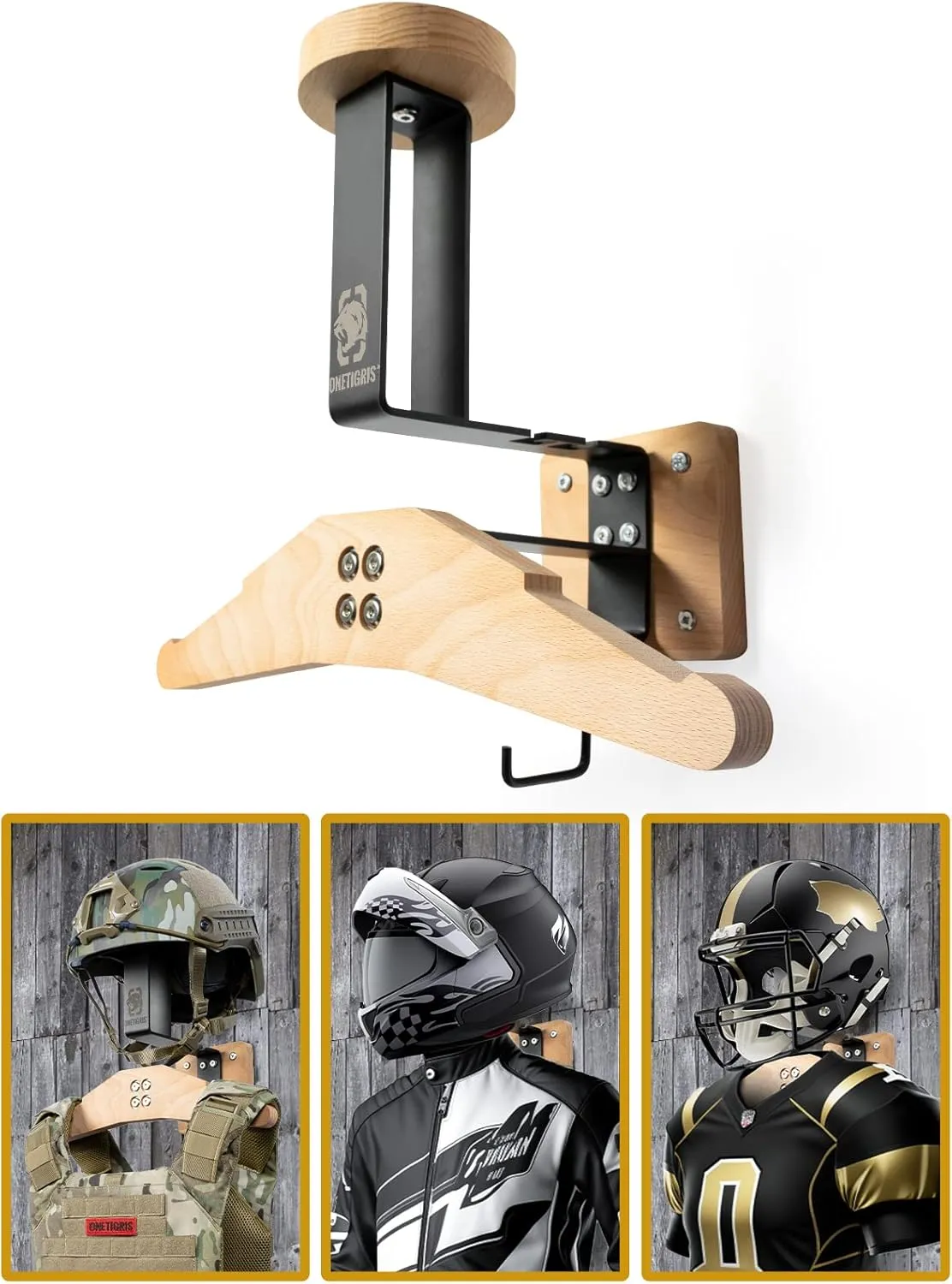 OneTigris Tactical Gear Wall Mount, Motorcycle Helmet Holder Stand Jacket Hanger Plate Carrier Rack Display Organizer for Police Football Cycling Suit