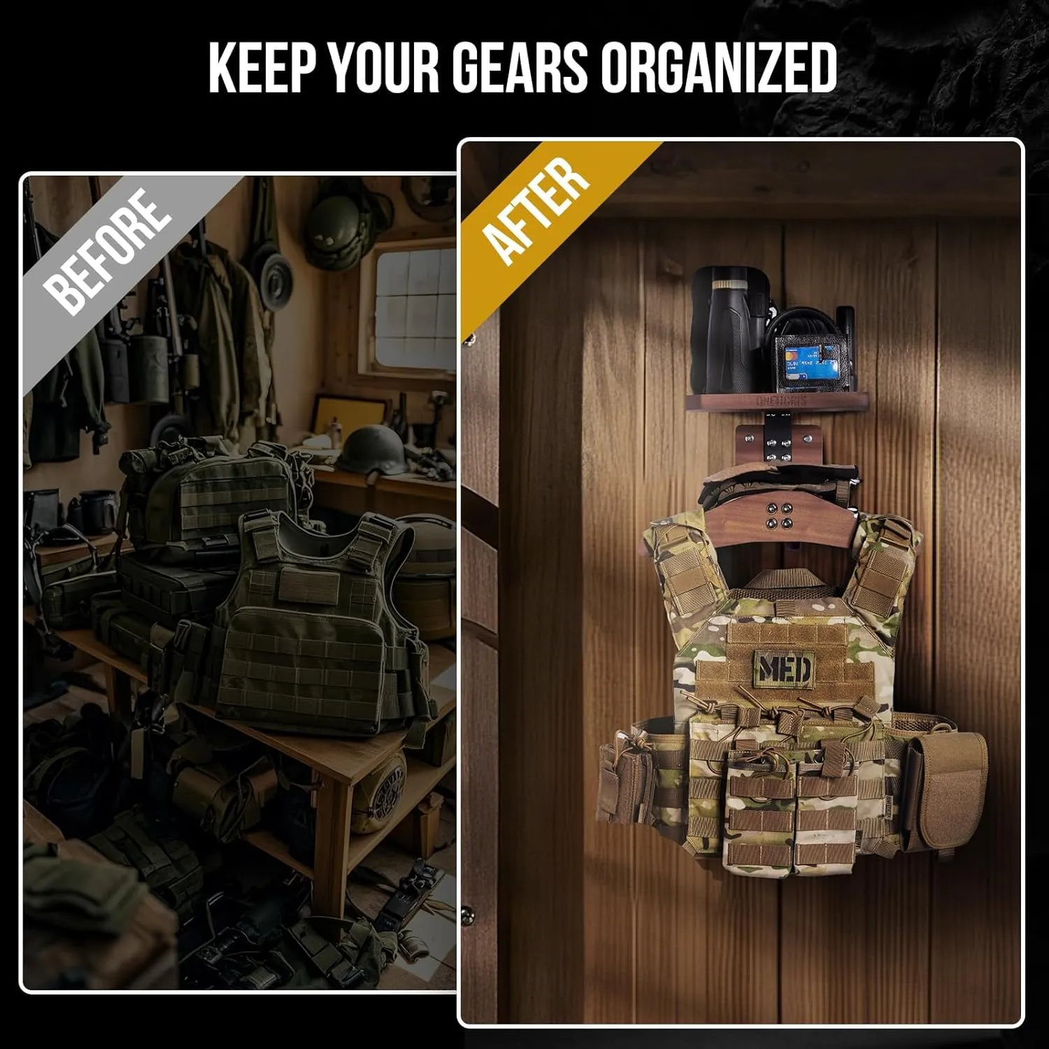 OneTigris Tactical Vest Hanger - Multipurpose Tactical Gear Wall Mount Rack, Solid Wood Plate Carrier Holder with Top Tray for Tactical Equipment Motorcycle Football Skating Gear Display & Storage