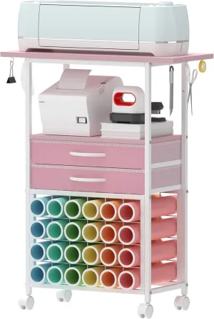 Organizer and Storage Stand Compatible with Cricut Machines,Rolling Storage Cart/Shelf with 24 Vinyl Roll Holders，2 Fabric Drawer,Accessories Holder,Tool Hook for Craft Room Home (Pink)
