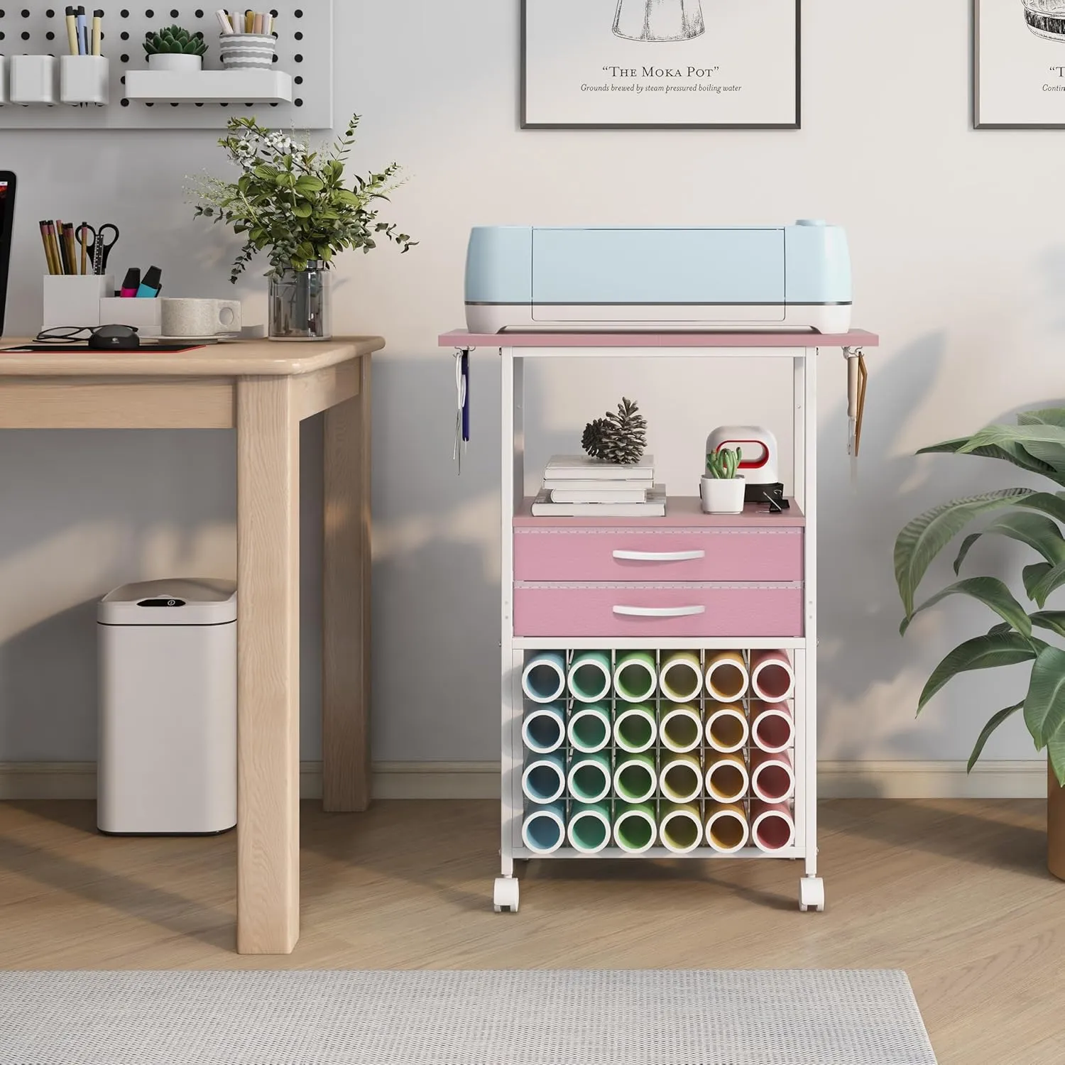 Organizer and Storage Stand Compatible with Cricut Machines,Rolling Storage Cart/Shelf with 24 Vinyl Roll Holders，2 Fabric Drawer,Accessories Holder,Tool Hook for Craft Room Home (Pink)
