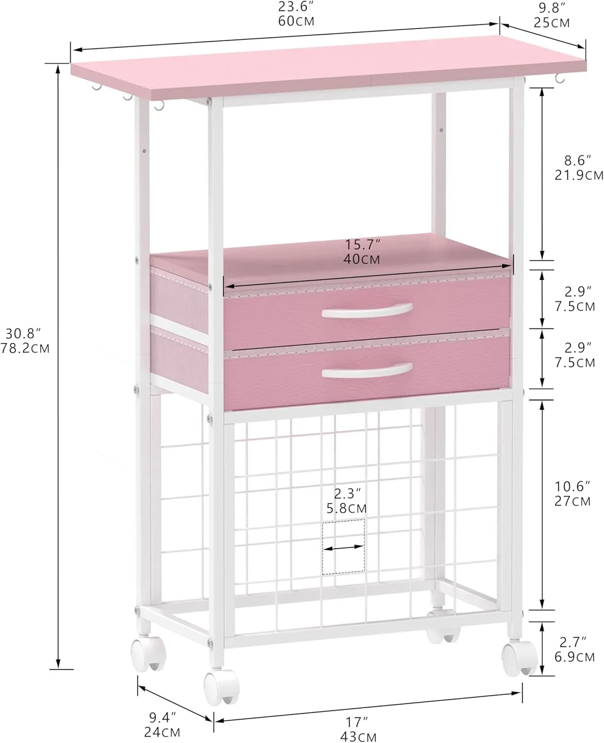 Organizer and Storage Stand Compatible with Cricut Machines,Rolling Storage Cart/Shelf with 24 Vinyl Roll Holders，2 Fabric Drawer,Accessories Holder,Tool Hook for Craft Room Home (Pink)