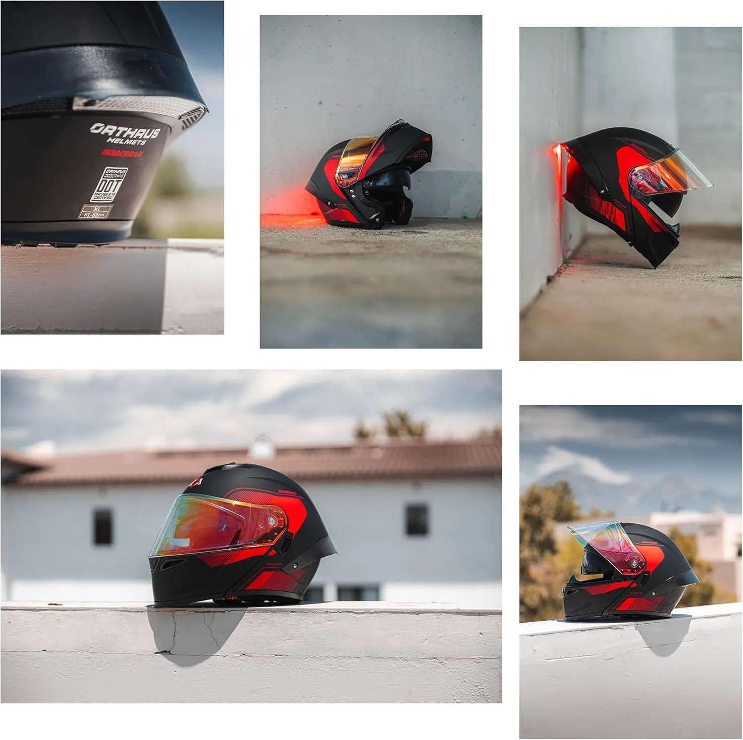 Orthrus Modular LED Full Face Motorcycle Helmet - DOT Approved Flip-Up Dual Visor Sun Shield & Bluetooth Ready for Adults Men Women - Street Bike/Motocross (Dobermann Red, S)