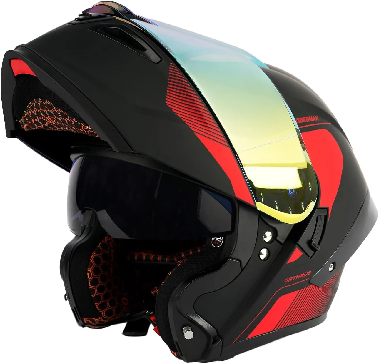 Orthrus Modular LED Full Face Motorcycle Helmet - DOT Approved Flip-Up Dual Visor Sun Shield & Bluetooth Ready for Adults Men Women - Street Bike/Motocross (Dobermann Red, S)