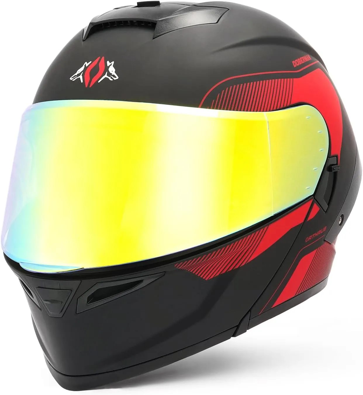 Orthrus Modular LED Full Face Motorcycle Helmet - DOT Approved Flip-Up Dual Visor Sun Shield & Bluetooth Ready for Adults Men Women - Street Bike/Motocross (Dobermann Red, S)