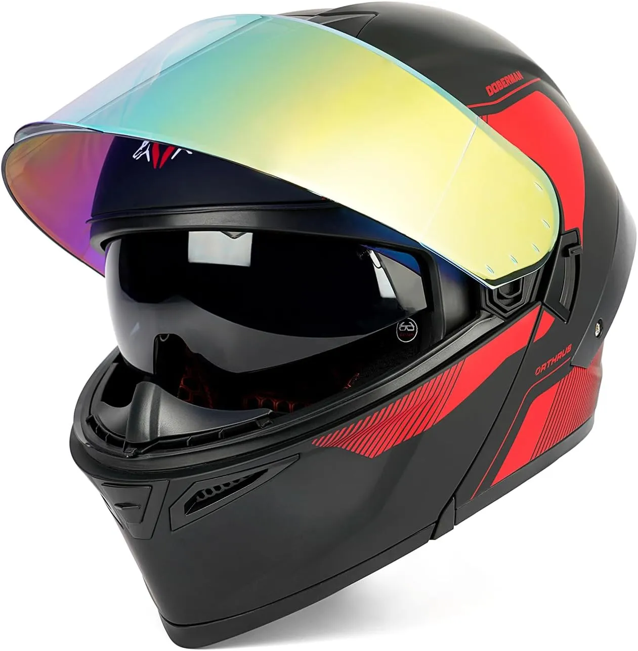 Orthrus Modular LED Full Face Motorcycle Helmet - DOT Approved Flip-Up Dual Visor Sun Shield & Bluetooth Ready for Adults Men Women - Street Bike/Motocross (Dobermann Red, S)