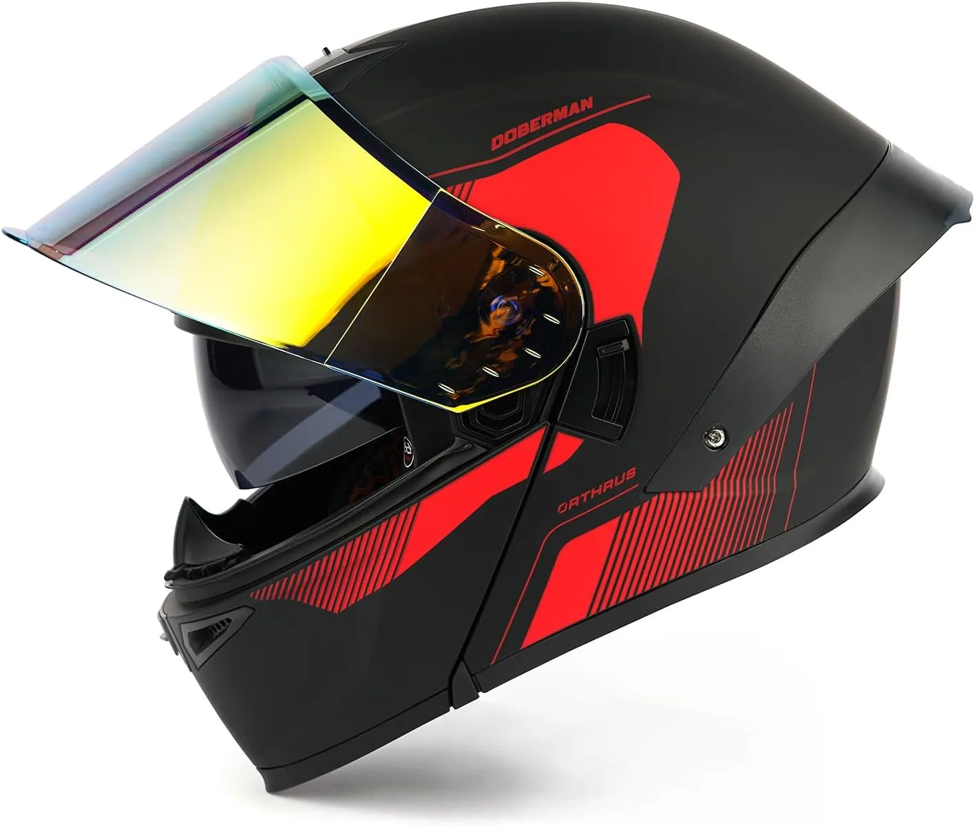 Orthrus Modular LED Full Face Motorcycle Helmet - DOT Approved Flip-Up Dual Visor Sun Shield & Bluetooth Ready for Adults Men Women - Street Bike/Motocross (Dobermann Red, S)