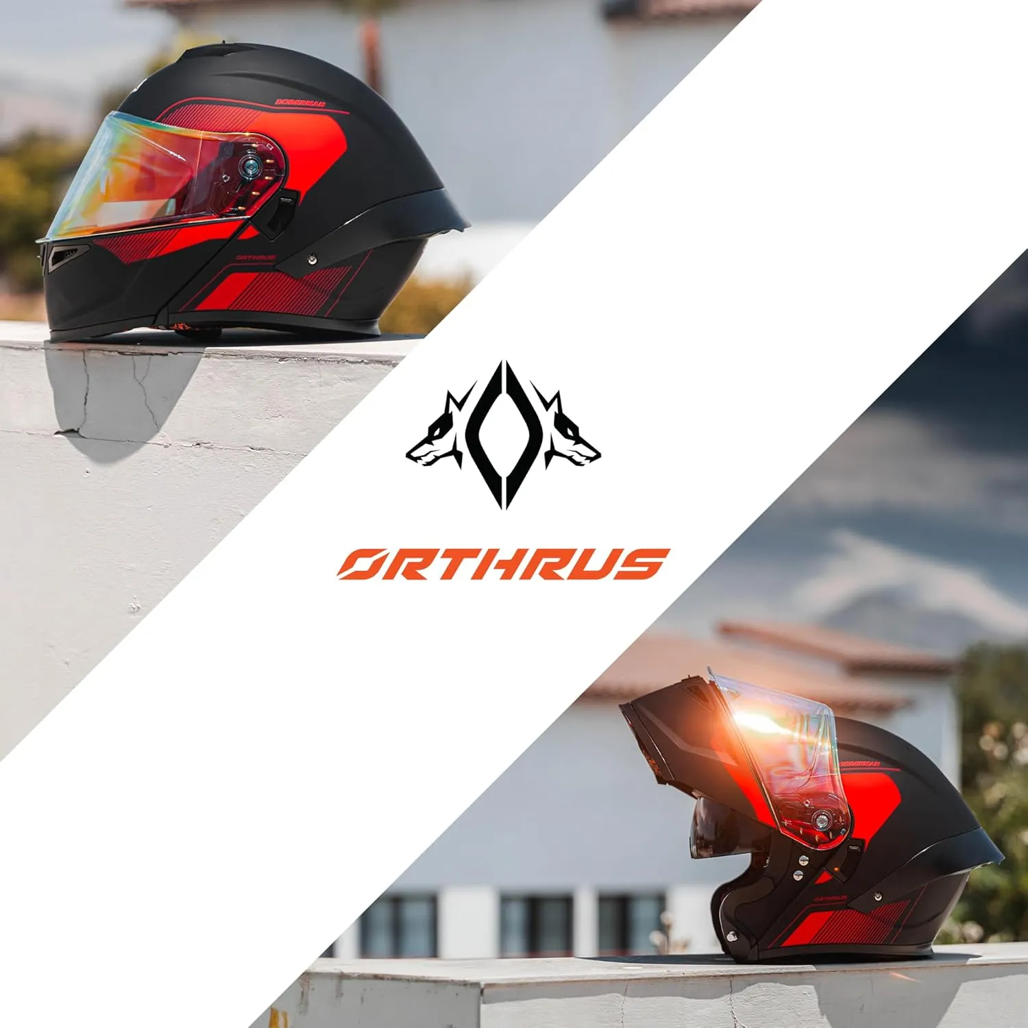 Orthrus Modular LED Full Face Motorcycle Helmet - DOT Approved Flip-Up Dual Visor Sun Shield & Bluetooth Ready for Adults Men Women - Street Bike/Motocross (Dobermann Red, S)