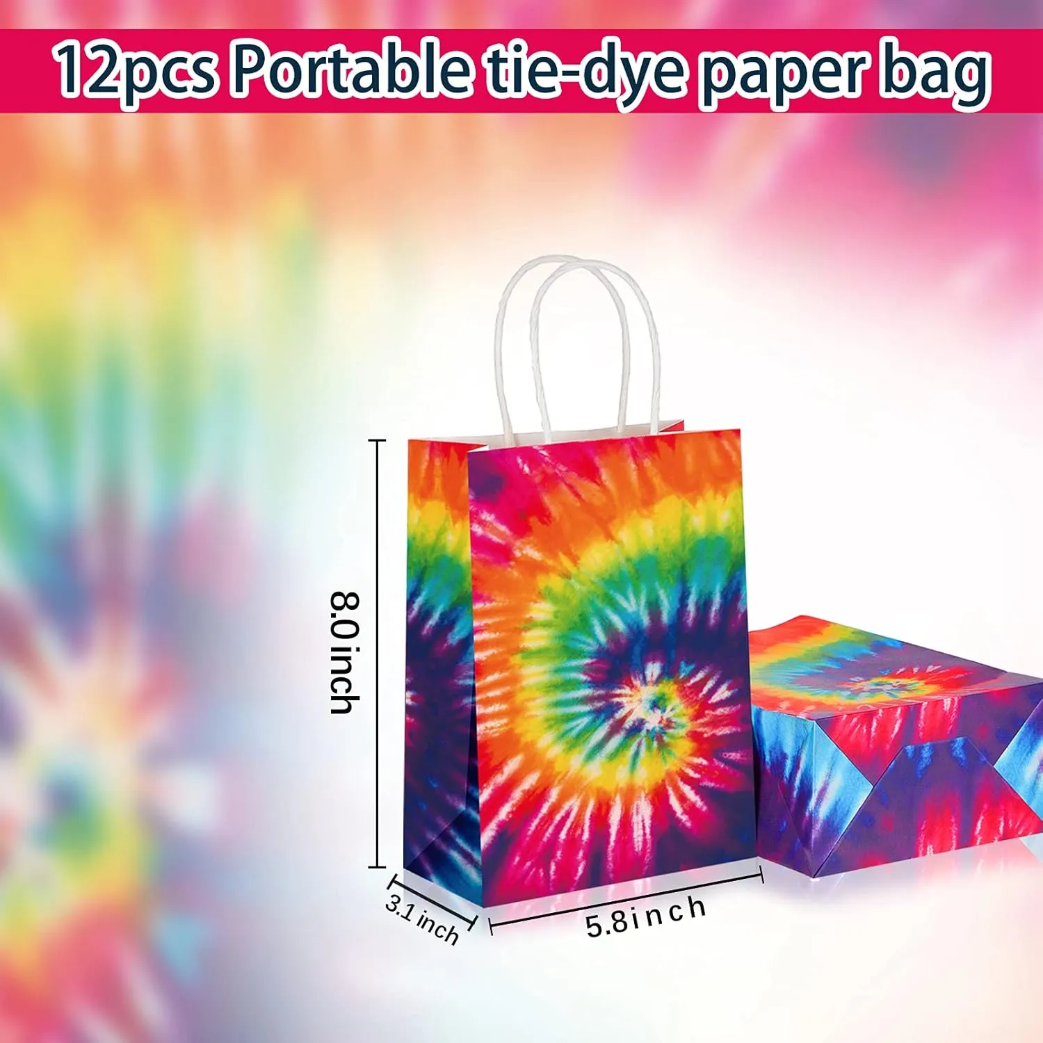 Outus 24 Pieces Tie Dye Party Bags Portable Colorful Paper Goody Bags Paintball Present Bag with Handles for Party