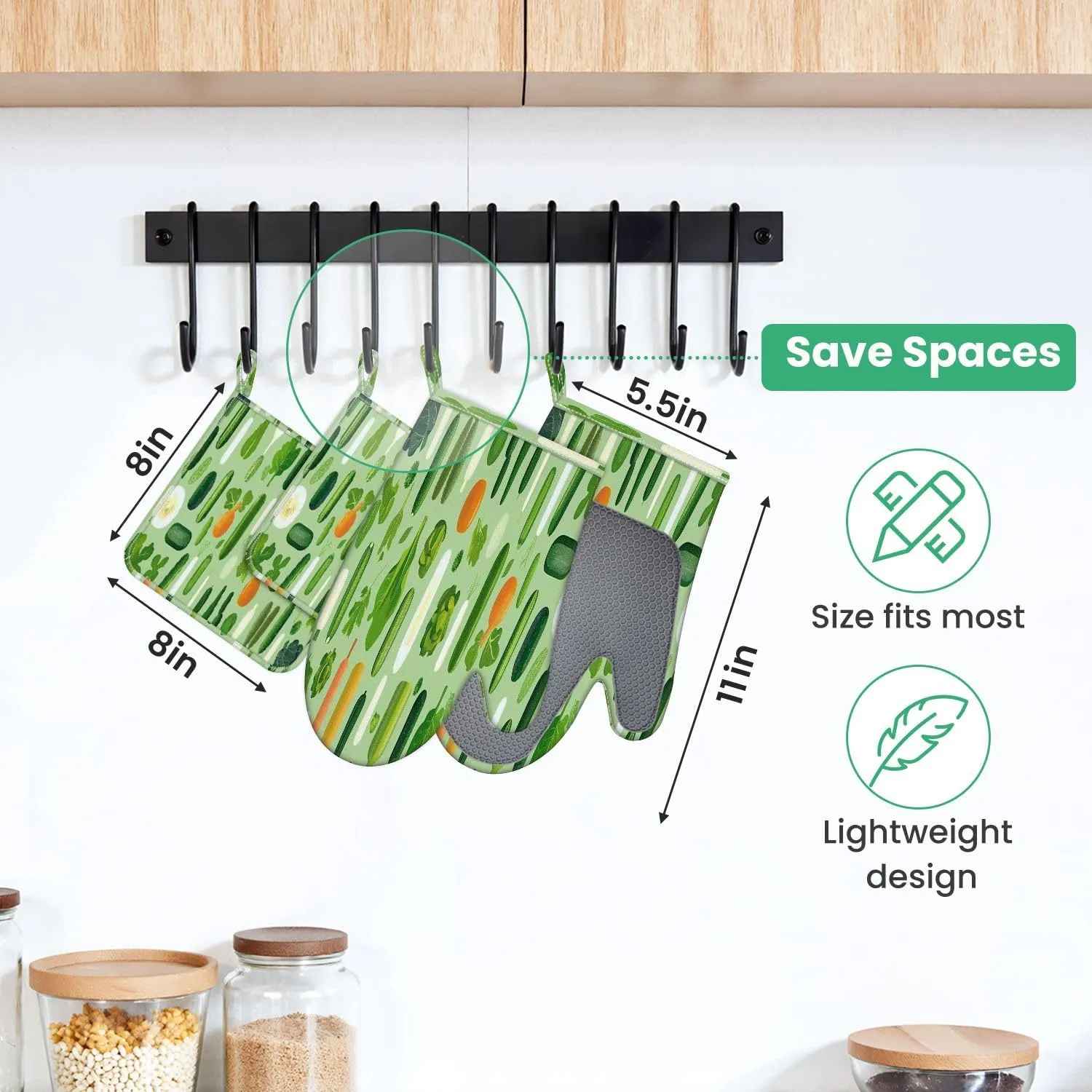 Oven Mitts and Pot Holders Sets 4pcs Vegetable Set Cabbage Broccoli Cucumber Tomato Zucchini Eggplant Hot Pads and Oven Mitts Heat Resistant Non-Slip Silicone Surface for Baking, BBQ and Cooking
