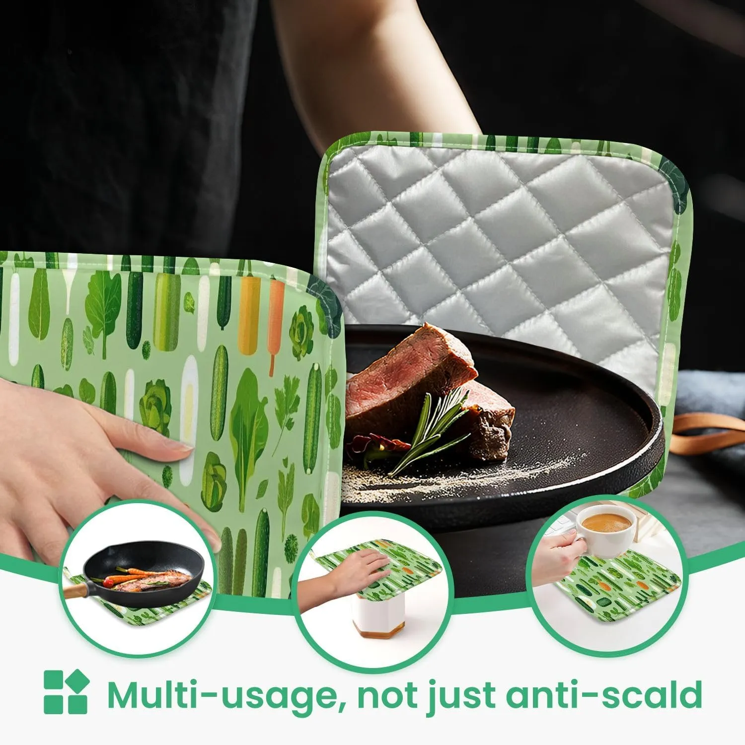 Oven Mitts and Pot Holders Sets 4pcs Vegetable Set Cabbage Broccoli Cucumber Tomato Zucchini Eggplant Hot Pads and Oven Mitts Heat Resistant Non-Slip Silicone Surface for Baking, BBQ and Cooking