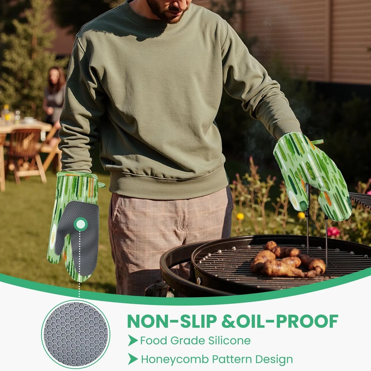 Oven Mitts and Pot Holders Sets 4pcs Vegetable Set Cabbage Broccoli Cucumber Tomato Zucchini Eggplant Hot Pads and Oven Mitts Heat Resistant Non-Slip Silicone Surface for Baking, BBQ and Cooking