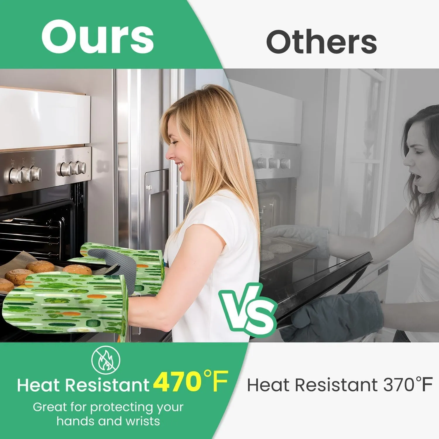 Oven Mitts and Pot Holders Sets 4pcs Vegetable Set Cabbage Broccoli Cucumber Tomato Zucchini Eggplant Hot Pads and Oven Mitts Heat Resistant Non-Slip Silicone Surface for Baking, BBQ and Cooking