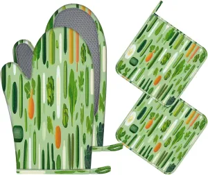 Oven Mitts and Pot Holders Sets 4pcs Vegetable Set Cabbage Broccoli Cucumber Tomato Zucchini Eggplant Hot Pads and Oven Mitts Heat Resistant Non-Slip Silicone Surface for Baking, BBQ and Cooking