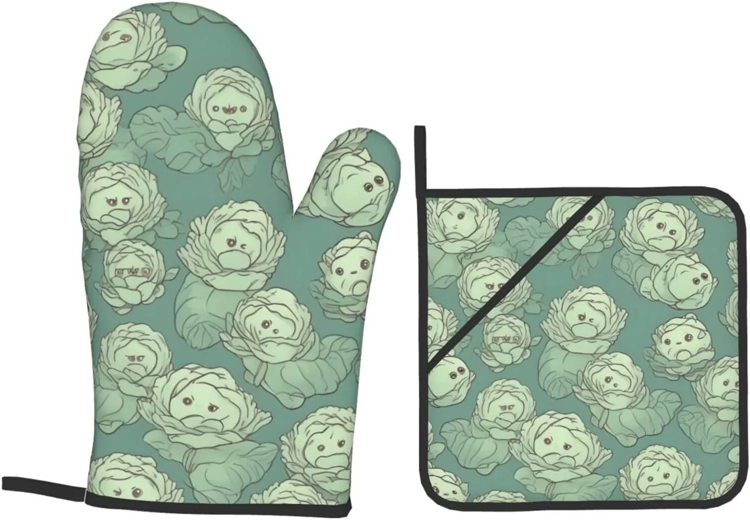 Oven Mitts And Pot Holders Sets of 4 Cabbage Pattern Funny Oven Mitt Kitchen Gloves Non-Slip Heat Resistant Pot Pads For Cooking Baking BBQ