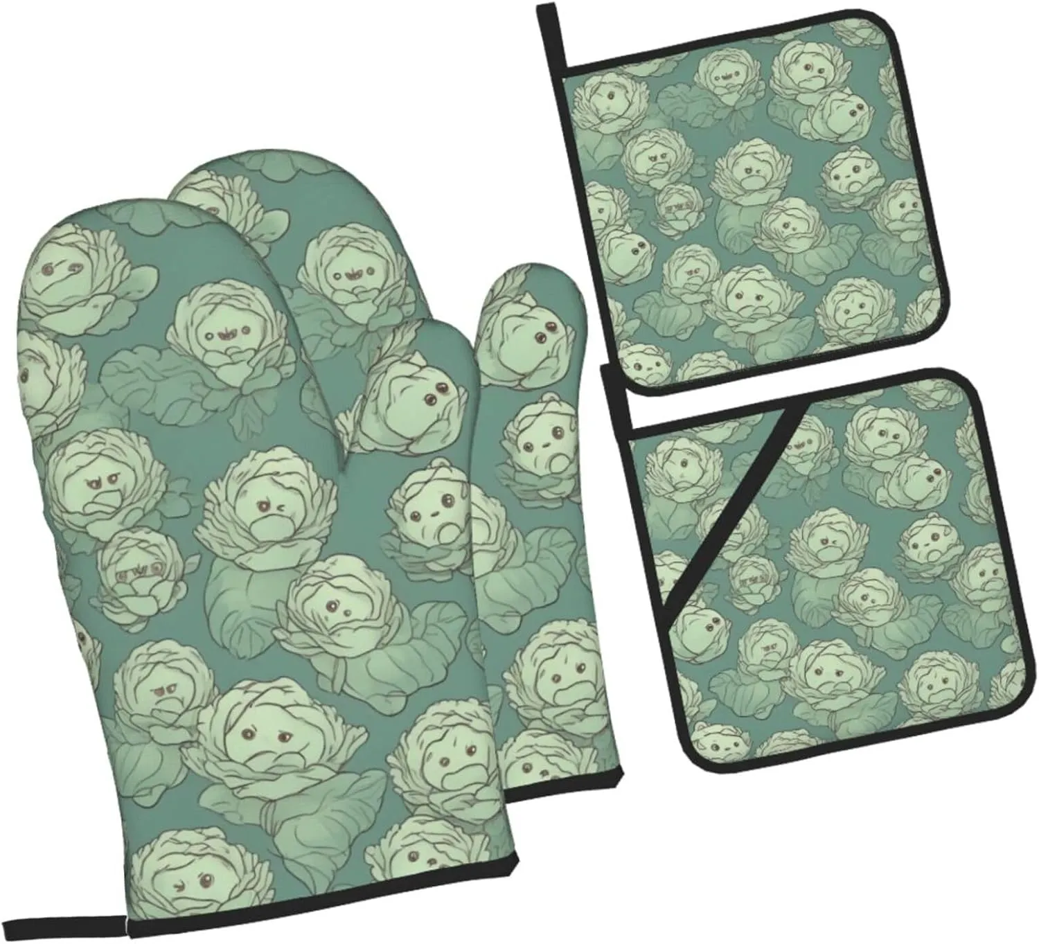 Oven Mitts And Pot Holders Sets of 4 Cabbage Pattern Funny Oven Mitt Kitchen Gloves Non-Slip Heat Resistant Pot Pads For Cooking Baking BBQ