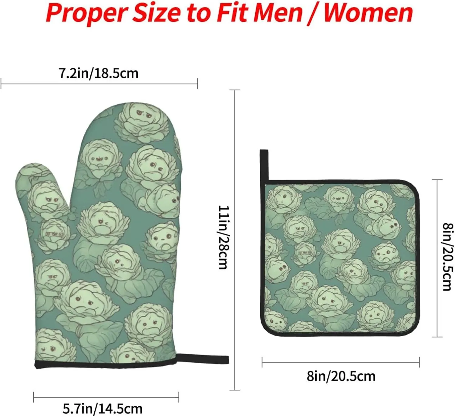 Oven Mitts And Pot Holders Sets of 4 Cabbage Pattern Funny Oven Mitt Kitchen Gloves Non-Slip Heat Resistant Pot Pads For Cooking Baking BBQ