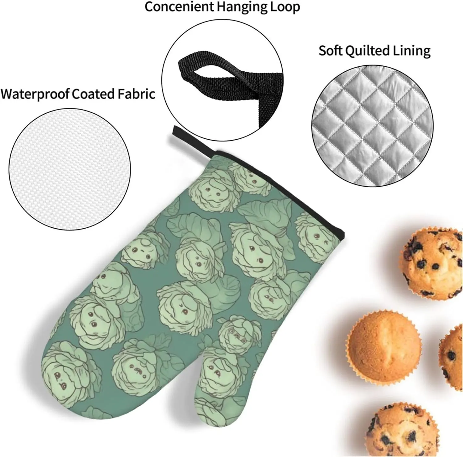 Oven Mitts And Pot Holders Sets of 4 Cabbage Pattern Funny Oven Mitt Kitchen Gloves Non-Slip Heat Resistant Pot Pads For Cooking Baking BBQ