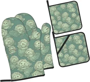 Oven Mitts And Pot Holders Sets of 4 Cabbage Pattern Funny Oven Mitt Kitchen Gloves Non-Slip Heat Resistant Pot Pads For Cooking Baking BBQ